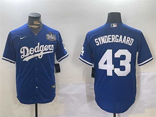 Mens Los Angeles Dodgers #43 Noah Syndergaard Royal 2024 World Series Cool Base Stitched Jersey